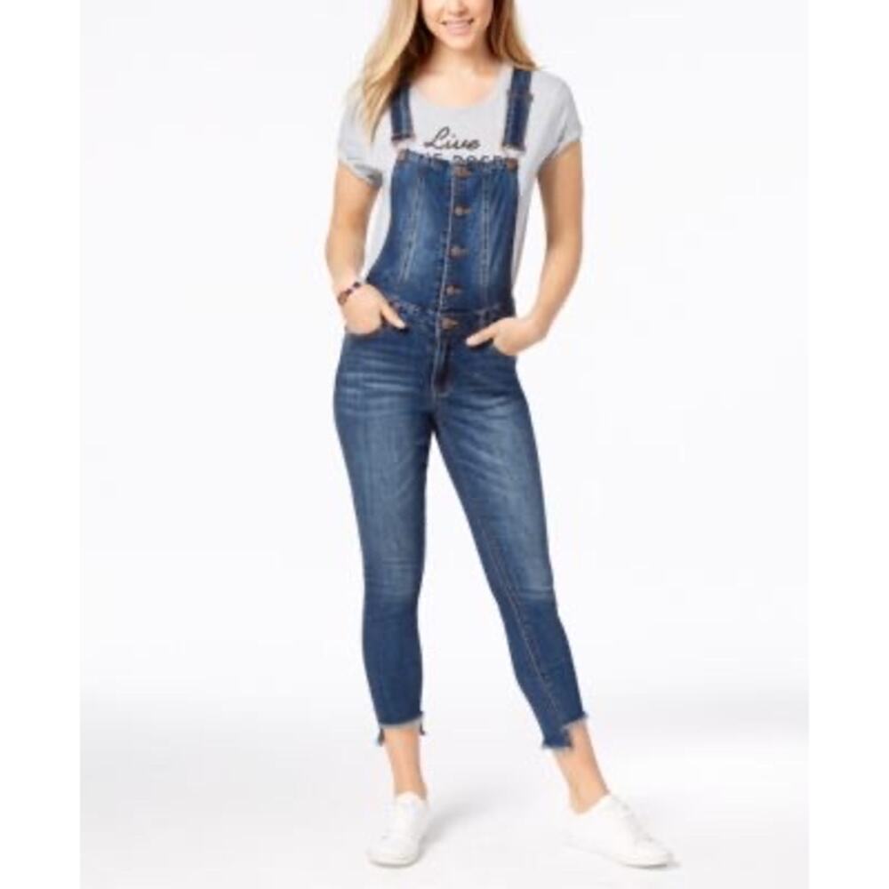 Dollhouse Juniors Size 16 Button-Front Skinny Denim Overalls Step Hem